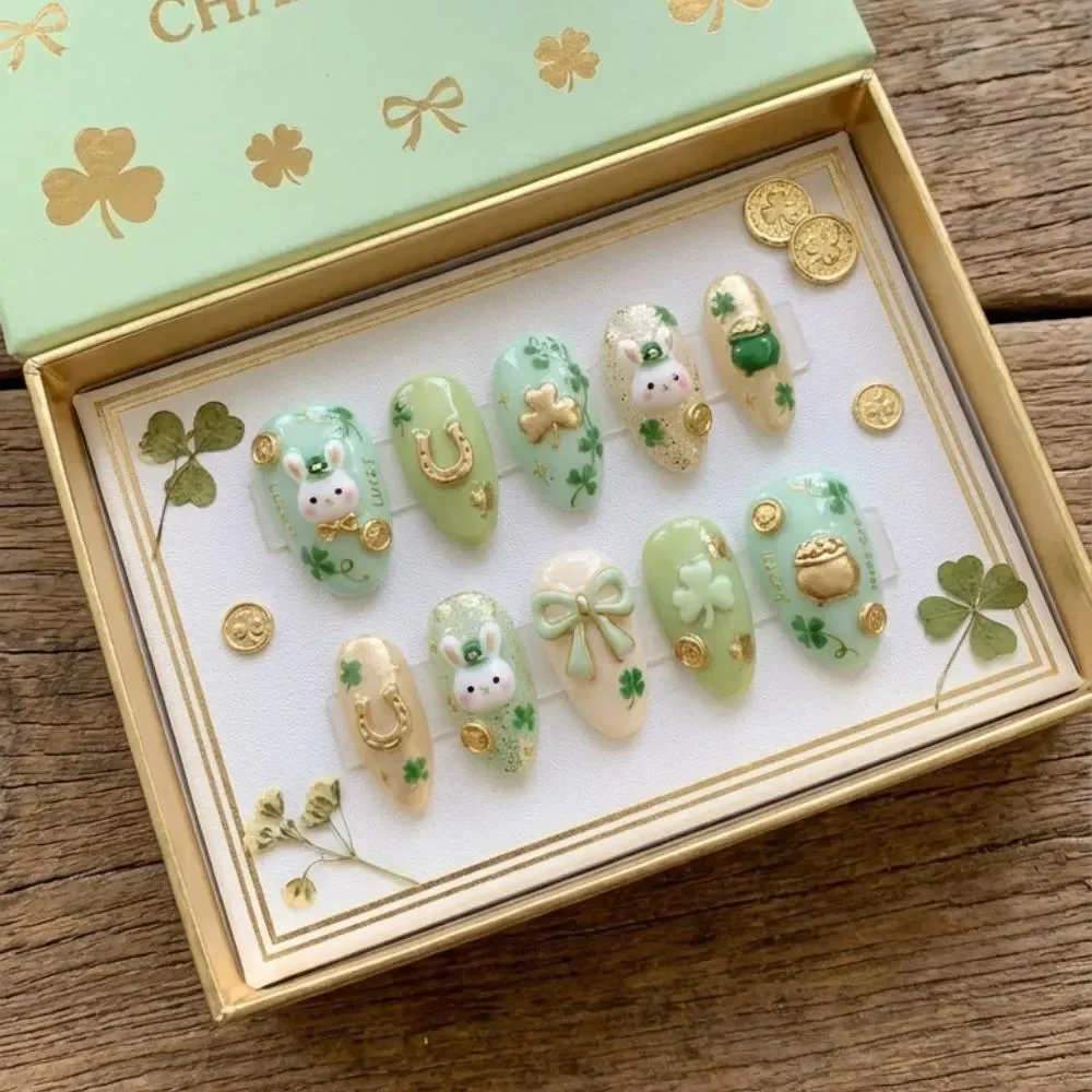 Bunny Nail Art, Clover Nail Design, press on nails, custom press on nails, fake nails, Nails Art, stained glass nails, gold press on nails, 3d press on nails, luxury press on nails, handmade press on nails