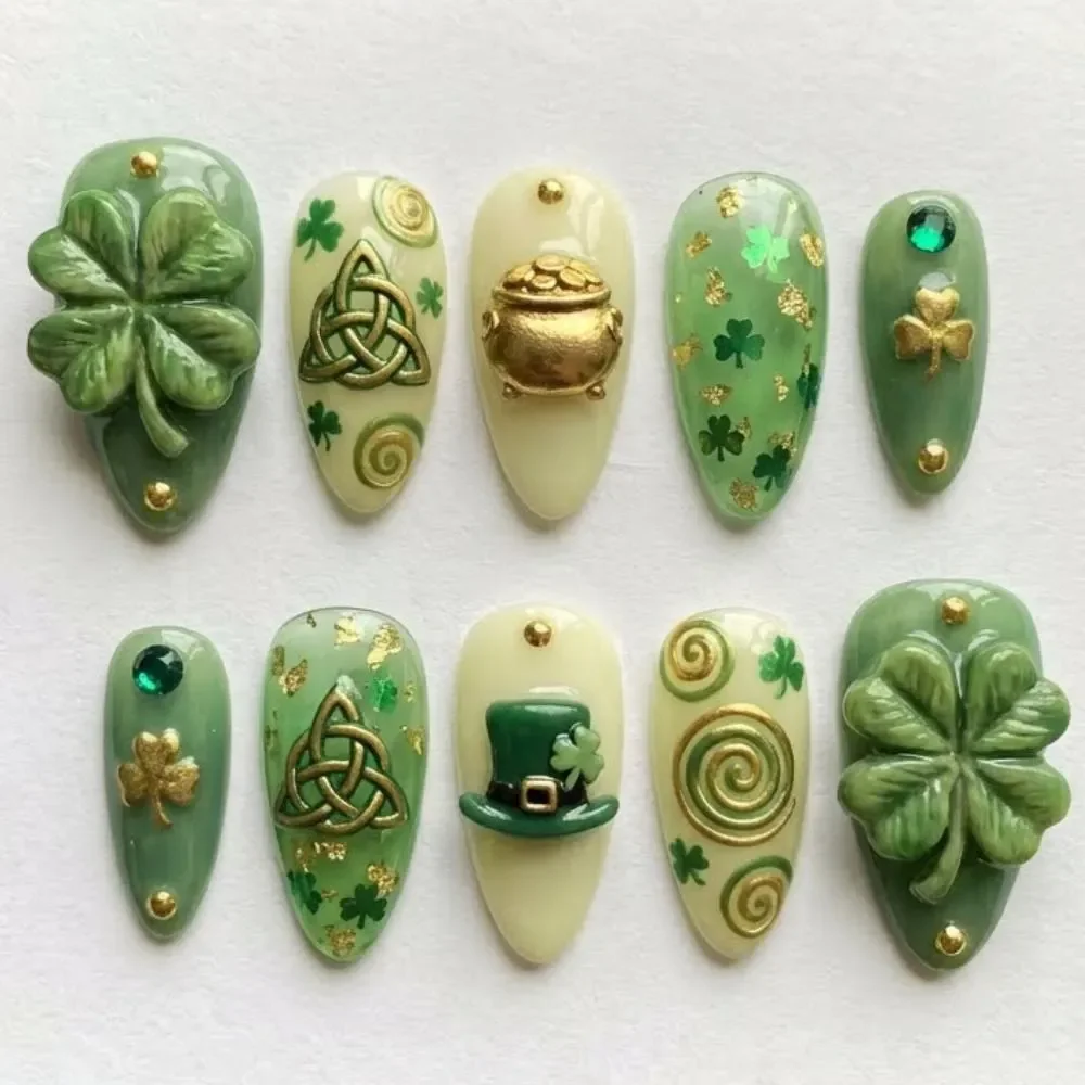 3D St. Patrick's Day, Press On Nails, press on nails, custom press on nails, fake nails, Nails Art, stained glass nails, gold press on nails, 3d press on nails, luxury press on nails, handmade press on nails
