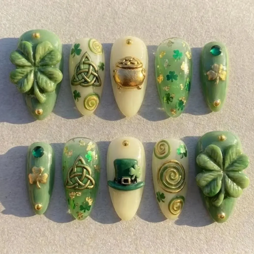 Shamrock Nails, Celtic Knot, press on nails, custom press on nails, fake nails, Nails Art, stained glass nails, gold press on nails, 3d press on nails, luxury press on nails, handmade press on nails