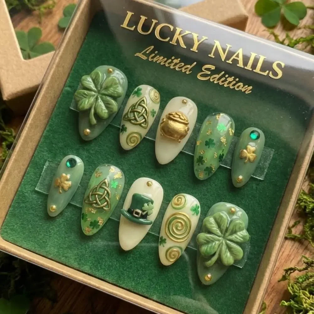 Handmade Irish Nails, Irish Nail Art, press on nails, custom press on nails, fake nails, Nails Art, stained glass nails, gold press on nails, 3d press on nails, luxury press on nails, handmade press on nails