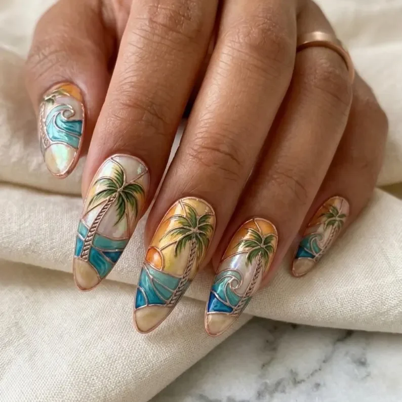 palm tree, wave art, press on nails, custom press on nails, fake nails, Nails Art, stained glass nails, gold press on nails, 3d press on nails, luxury press on nails, handmade press on nails