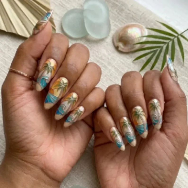 tropical nails, sunset nails, press on nails, custom press on nails, fake nails, Nails Art, stained glass nails, gold press on nails, 3d press on nails, luxury press on nails, handmade press on nails