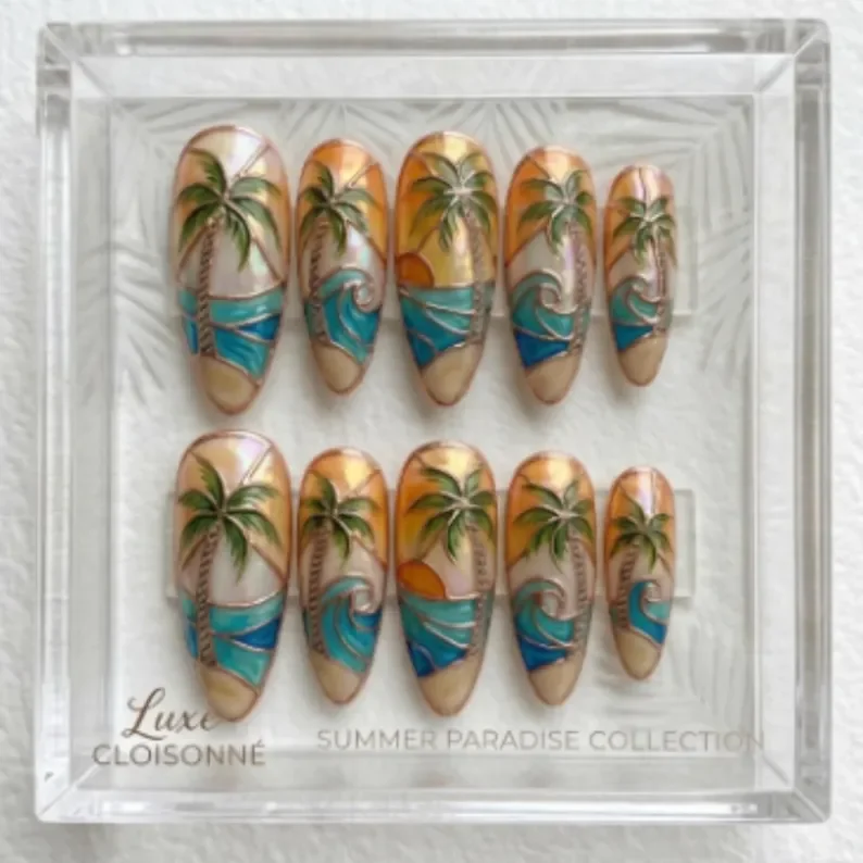 3D stained glass, beach sunset, press on nails, custom press on nails, fake nails, Nails Art, stained glass nails, gold press on nails, 3d press on nails, luxury press on nails, handmade press on nails
