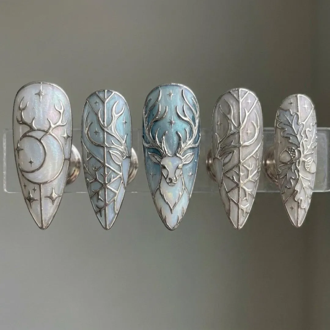 3D stained glass, deer nail art, press on nails, custom press on nails, fake nails, Nails Art, stained glass nails, gold press on nails, 3d press on nails, luxury press on nails, handmade press on nails