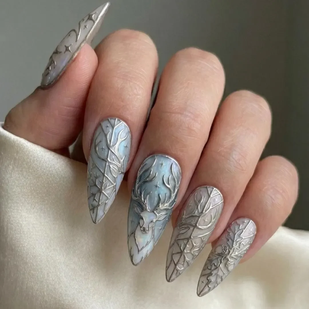 winter forest, celestial moon, press on nails, custom press on nails, fake nails, Nails Art, stained glass nails, gold press on nails, 3d press on nails, luxury press on nails, handmade press on nails