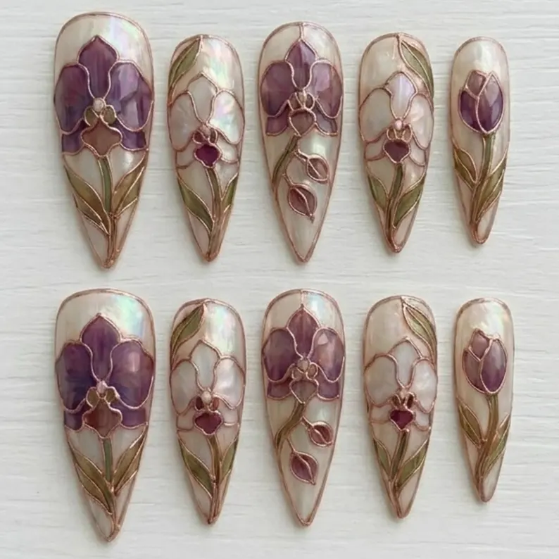 rose gold nails, floral art kit, press on nails, custom press on nails, fake nails, Nails Art, stained glass nails, gold press on nails, 3d press on nails, luxury press on nails, handmade press on nails