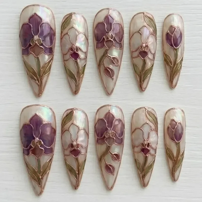 3D stained glass, orchid press on, press on nails, custom press on nails, fake nails, Nails Art, stained glass nails, gold press on nails, 3d press on nails, luxury press on nails, handmade press on nails
