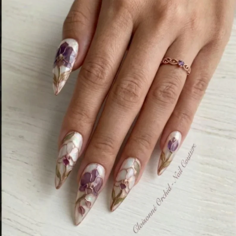 rose gold floral, orchid nail art, press on nails, custom press on nails, fake nails, Nails Art, stained glass nails, gold press on nails, 3d press on nails, luxury press on nails, handmade press on nails