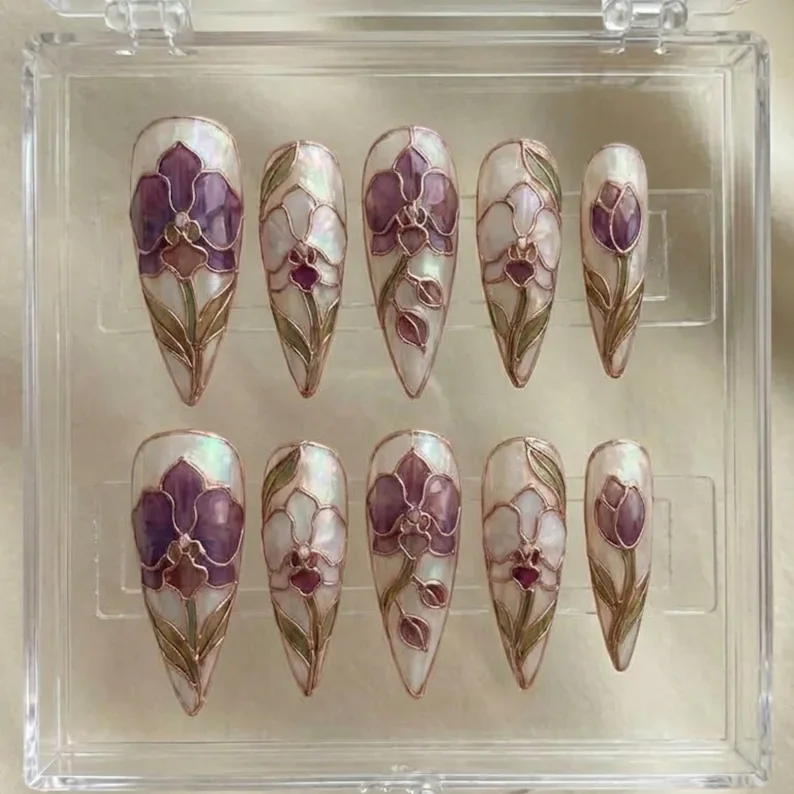 3D stained glass, orchid press on, press on nails, custom press on nails, fake nails, Nails Art, stained glass nails, gold press on nails, 3d press on nails, luxury press on nails, handmade press on nails