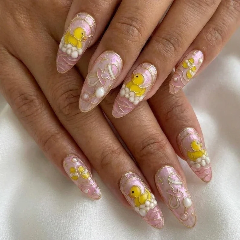 baby girl shower, pink arrival, press on nails, custom press on nails, fake nails, Nails Art, stained glass nails, gold press on nails, 3d press on nails, luxury press on nails, handmade press on nails