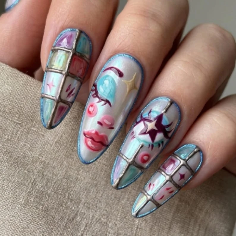 3D stained glass, press on nails, custom press on nails, fake nails, Nails Art, stained glass nails, gold press on nails, 3d press on nails, luxury press on nails, handmade press on nails