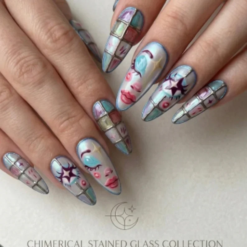 iridescent pearl, orca art, press on nails, custom press on nails, fake nails, Nails Art, stained glass nails, gold press on nails, 3d press on nails, luxury press on nails, handmade press on nails
