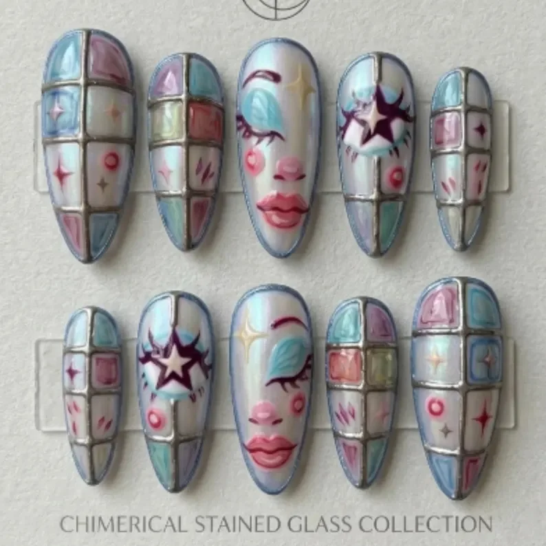 3D stained glass, press on nails, custom press on nails, fake nails, Nails Art, stained glass nails, gold press on nails, 3d press on nails, luxury press on nails, handmade press on nails