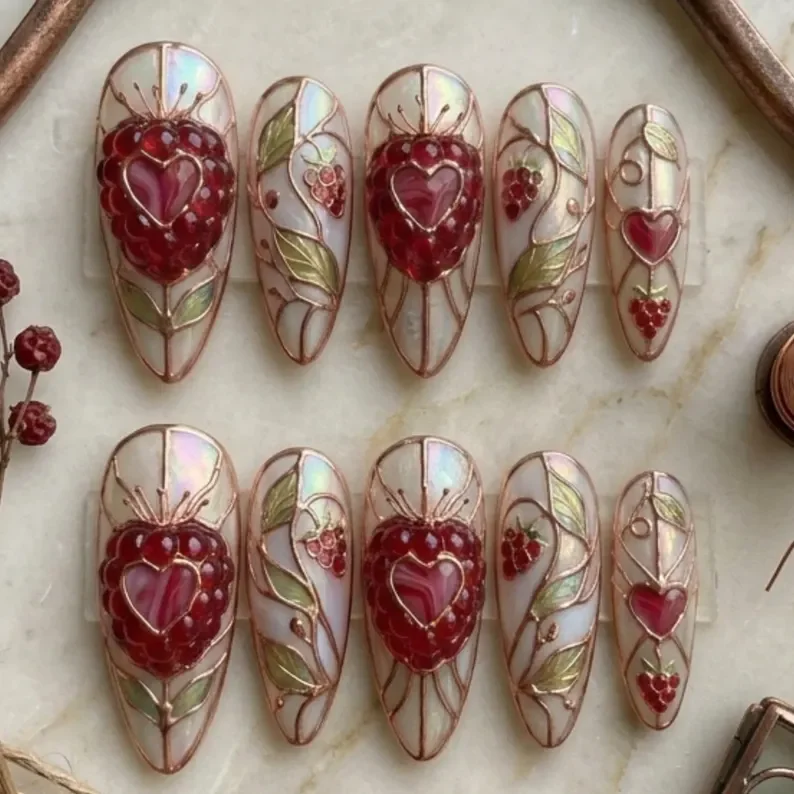 3D stained glass, raspberry garden, press on nails, custom press on nails, fake nails, Nails Art, stained glass nails, gold press on nails, 3d press on nails, luxury press on nails, handmade press on nails