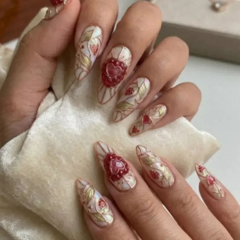 garden themed nails, stained glass nails, press on nails, custom press on nails, fake nails, Nails Art, gold press on nails, 3d press on nails, luxury press on nails, handmade press on nails