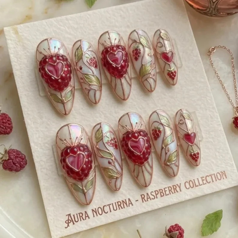 3D stained glass, raspberry garden, press on nails, custom press on nails, fake nails, Nails Art, stained glass nails, gold press on nails, 3d press on nails, luxury press on nails, handmade press on nails