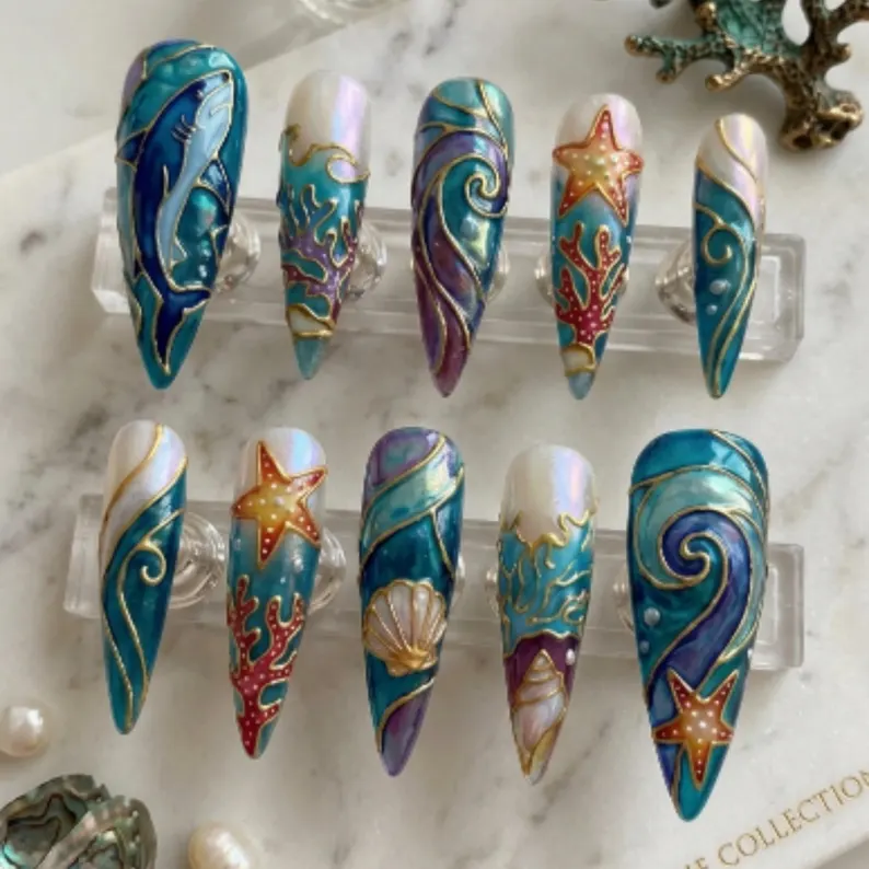 Press On Nails, Iridescent Shark, press on nails, custom press on nails, fake nails, Nails Art, stained glass nails, gold press on nails, 3d press on nails, luxury press on nails, handmade press on nails