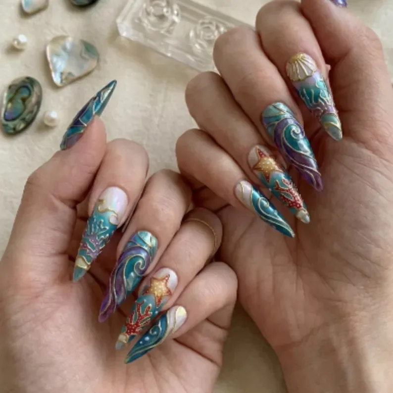 Press On Nails, Iridescent Shark, press on nails, custom press on nails, fake nails, Nails Art, stained glass nails, gold press on nails, 3d press on nails, luxury press on nails, handmade press on nails