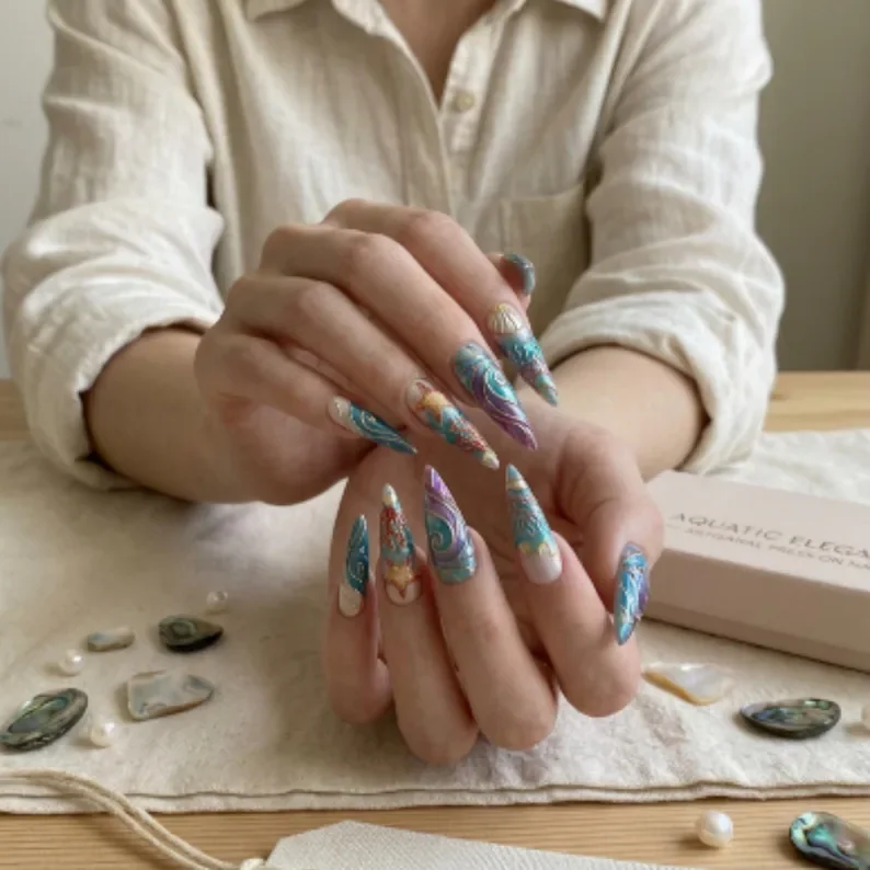 Starfish Nail Art, Sea Creature Nails, press on nails, custom press on nails, fake nails, Nails Art, stained glass nails, gold press on nails, 3d press on nails, luxury press on nails, handmade press on nails