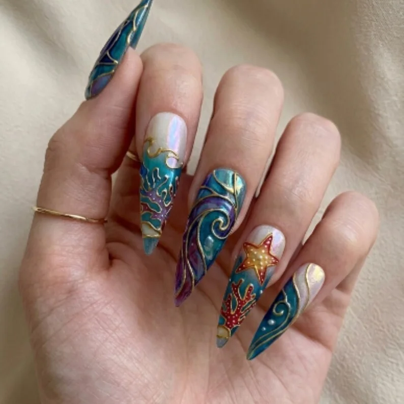 Iridescent Nail Set, Ocean Nail Design, press on nails, custom press on nails, fake nails, Nails Art, stained glass nails, gold press on nails, 3d press on nails, luxury press on nails, handmade press on nails