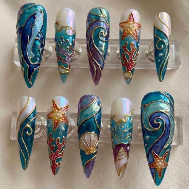 3D Stained Glass, Under The Sea, press on nails, custom press on nails, fake nails, Nails Art, stained glass nails, gold press on nails, 3d press on nails, luxury press on nails, handmade press on nails