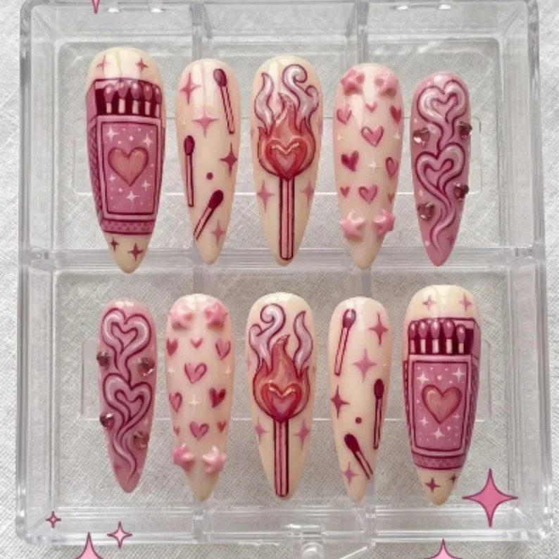 3D star heart, flame love nails, press on nails, custom press on nails, fake nails, Nails Art, stained glass nails, gold press on nails, 3d press on nails, luxury press on nails, handmade press on nails