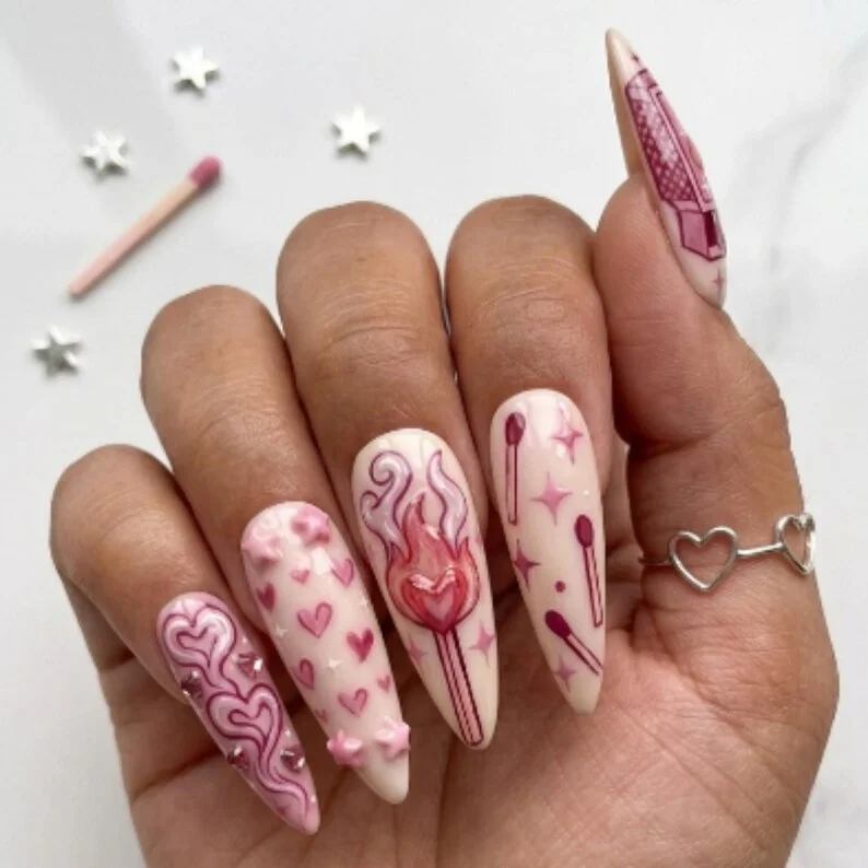matchbox art, heart flame design, press on nails, custom press on nails, fake nails, Nails Art, stained glass nails, gold press on nails, 3d press on nails, luxury press on nails, handmade press on nails