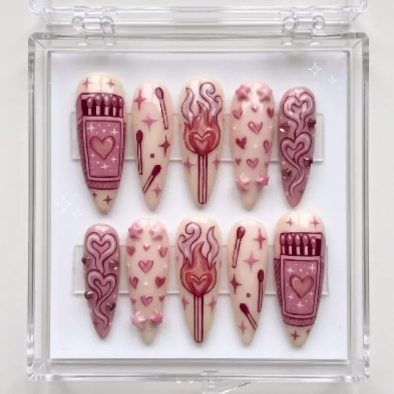 love themed nails, 3D star heart, press on nails, custom press on nails, fake nails, Nails Art, stained glass nails, gold press on nails, 3d press on nails, luxury press on nails, handmade press on nails