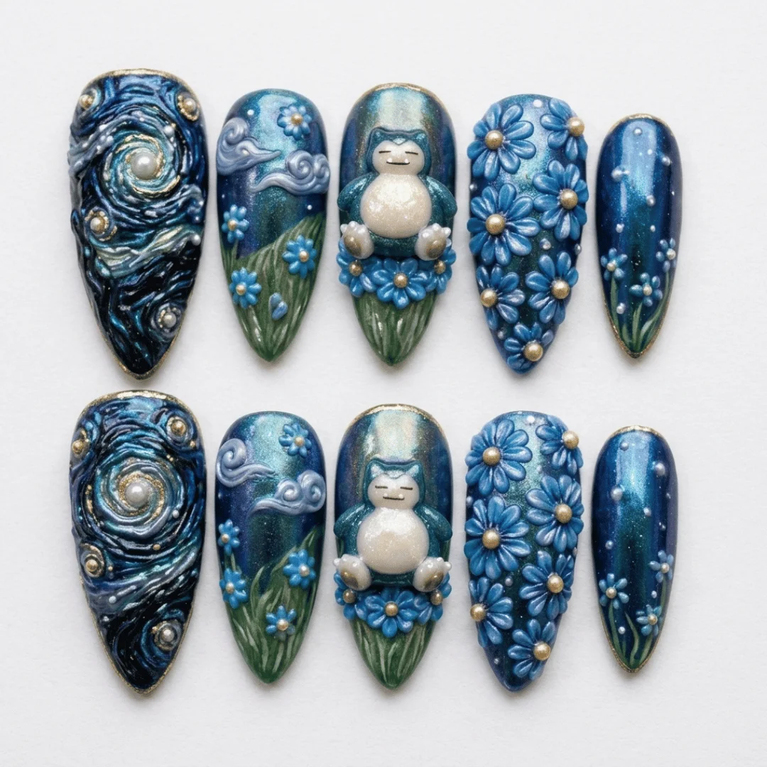 3D Starry Night Nails, Snorlax Press On Nails, press on nails, custom press on nails, fake nails, Nails Art, stained glass nails, gold press on nails, 3d press on nails, luxury press on nails, handmade press on nails