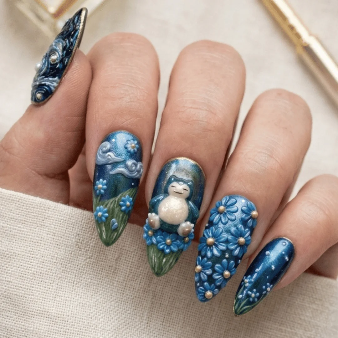Van Gogh Inspired Nails, Anime Kawaii Nails, press on nails, custom press on nails, fake nails, Nails Art, stained glass nails, gold press on nails, 3d press on nails, luxury press on nails, handmade press on nails