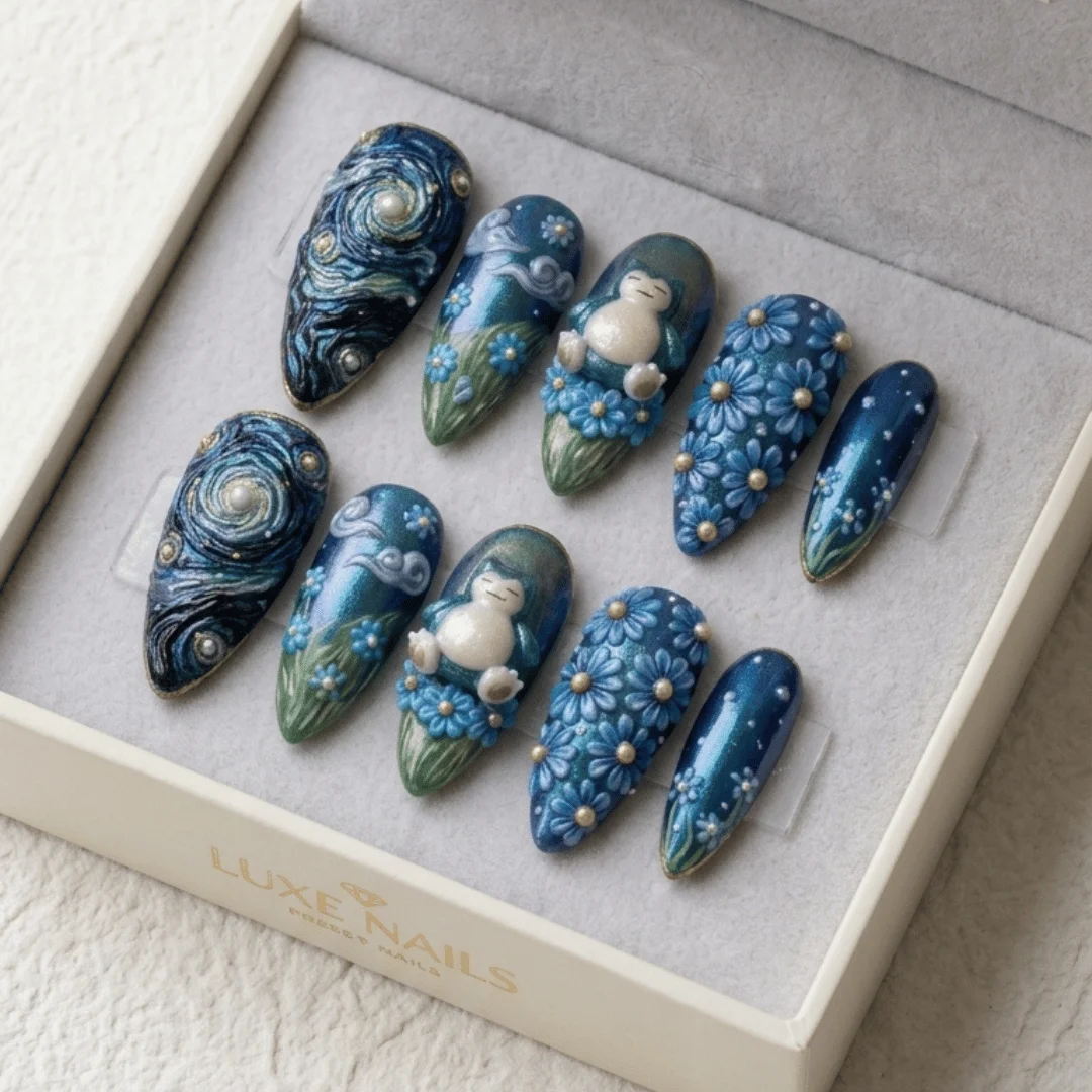 Blue Flower Forest, Luxury Handmade Nails, press on nails, custom press on nails, fake nails, Nails Art, stained glass nails, gold press on nails, 3d press on nails, luxury press on nails, handmade press on nails