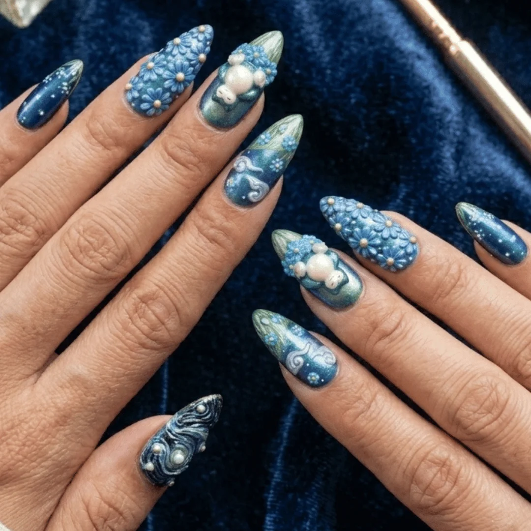 Starry Night Art Nails, Kawaii Press On Nails, press on nails, custom press on nails, fake nails, Nails Art, stained glass nails, gold press on nails, 3d press on nails, luxury press on nails, handmade press on nails