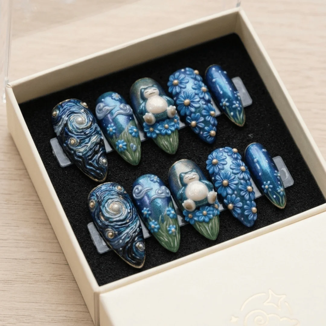 3D Starry Night Nails, Snorlax Press On Nails, press on nails, custom press on nails, fake nails, Nails Art, stained glass nails, gold press on nails, 3d press on nails, luxury press on nails, handmade press on nails