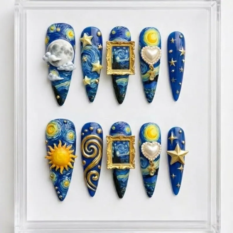 Celestial Night, 3D Night Nails, press on nails, custom press on nails, fake nails, Nails Art, stained glass nails, gold press on nails, 3d press on nails, luxury press on nails, handmade press on nails