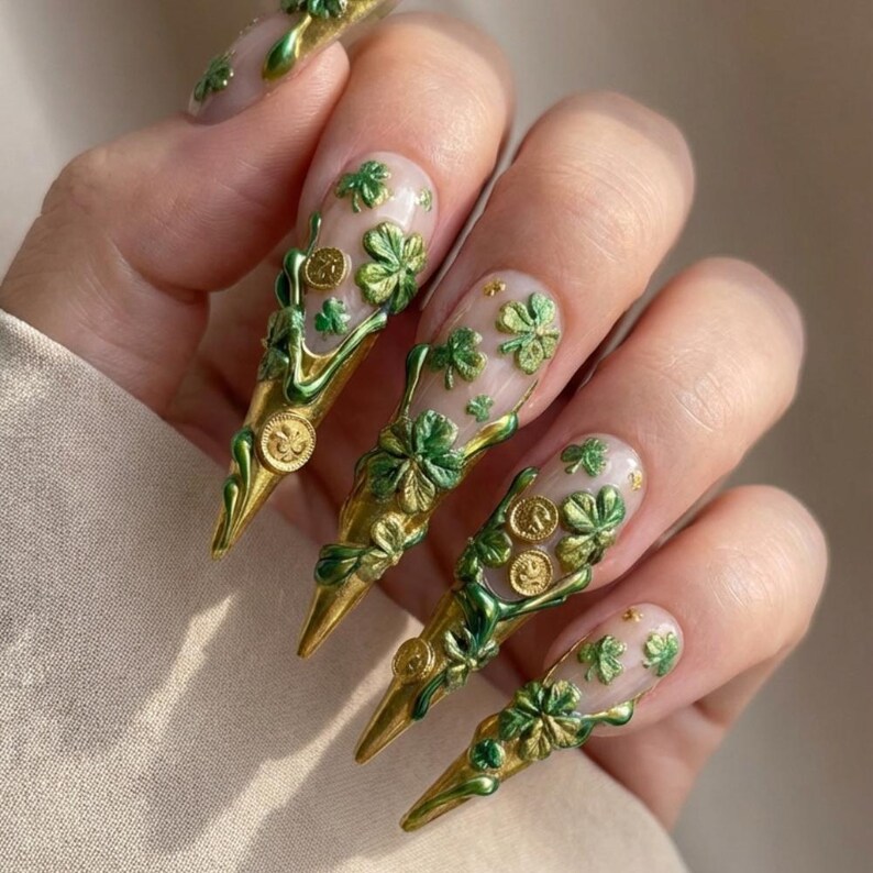 gold coin design, shamrock nails, press on nails, custom press on nails, fake nails, Nails Art, stained glass nails, gold press on nails, 3d press on nails, luxury press on nails, handmade press on nails