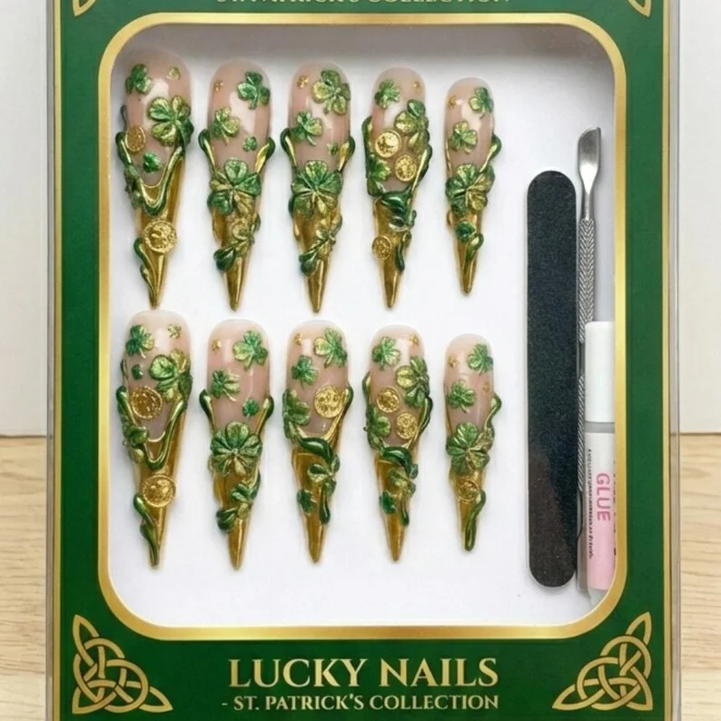 gold coin design, shamrock nails, press on nails, custom press on nails, fake nails, Nails Art, stained glass nails, gold press on nails, 3d press on nails, luxury press on nails, handmade press on nails