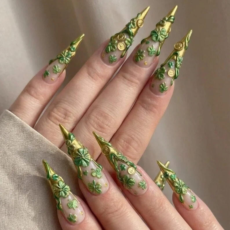 St. Patrick's Day, Stiletto press ons, press on nails, custom press on nails, fake nails, Nails Art, stained glass nails, gold press on nails, 3d press on nails, luxury press on nails, handmade press on nails