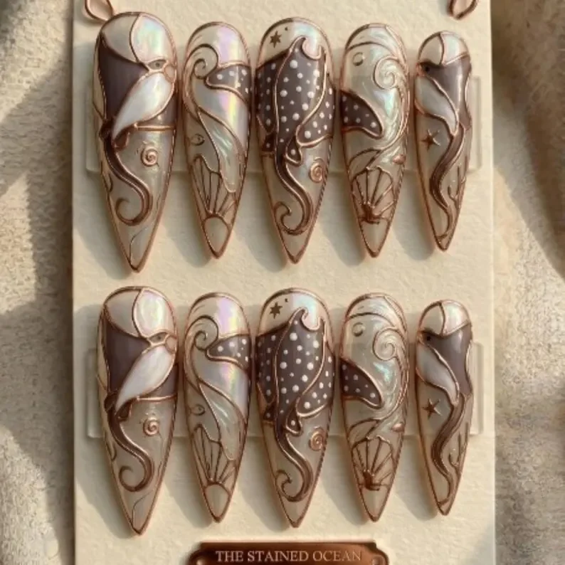 3D Stingray nails, Ocean gem nails, press on nails, custom press on nails, fake nails, Nails Art, stained glass nails, gold press on nails, 3d press on nails, luxury press on nails, handmade press on nails