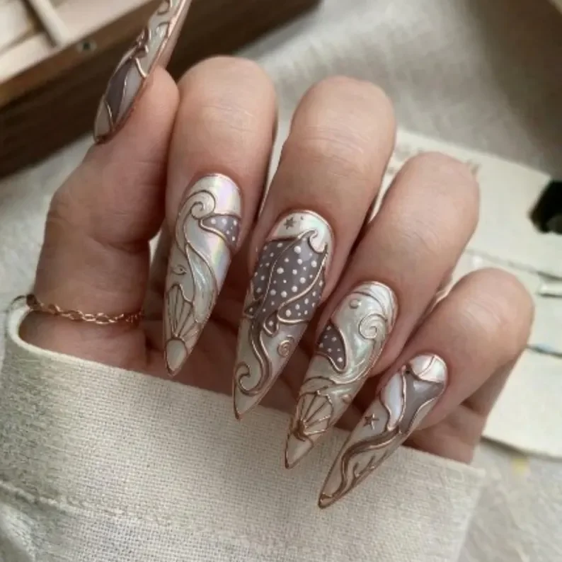 Ocean themed nails, Gemstone nails, press on nails, custom press on nails, fake nails, Nails Art, stained glass nails, gold press on nails, 3d press on nails, luxury press on nails, handmade press on nails