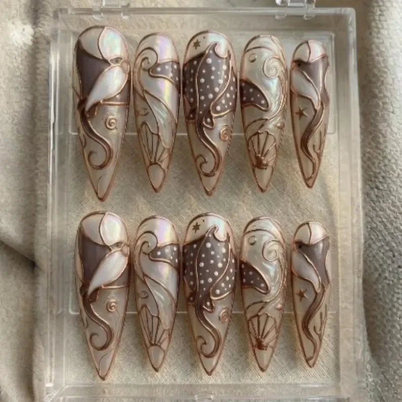 3D ocean nails, 3D Stingray nails, press on nails, custom press on nails, fake nails, Nails Art, stained glass nails, gold press on nails, 3d press on nails, luxury press on nails, handmade press on nails