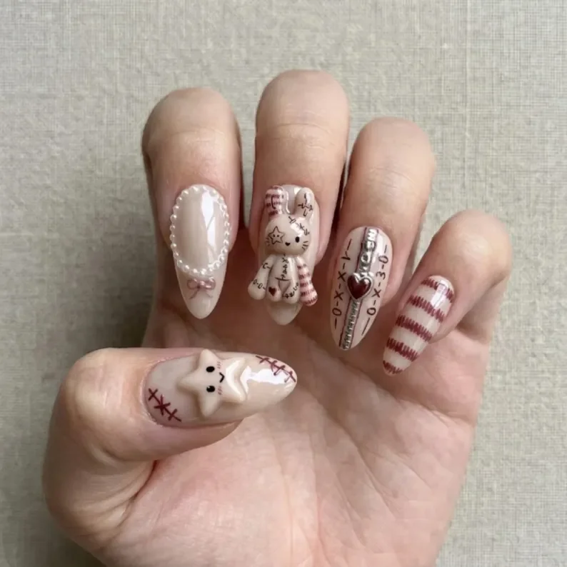 3D stitched bunny, zipper heart, press on nails, custom press on nails, fake nails, Nails Art, stained glass nails, gold press on nails, 3d press on nails, luxury press on nails, handmade press on nails