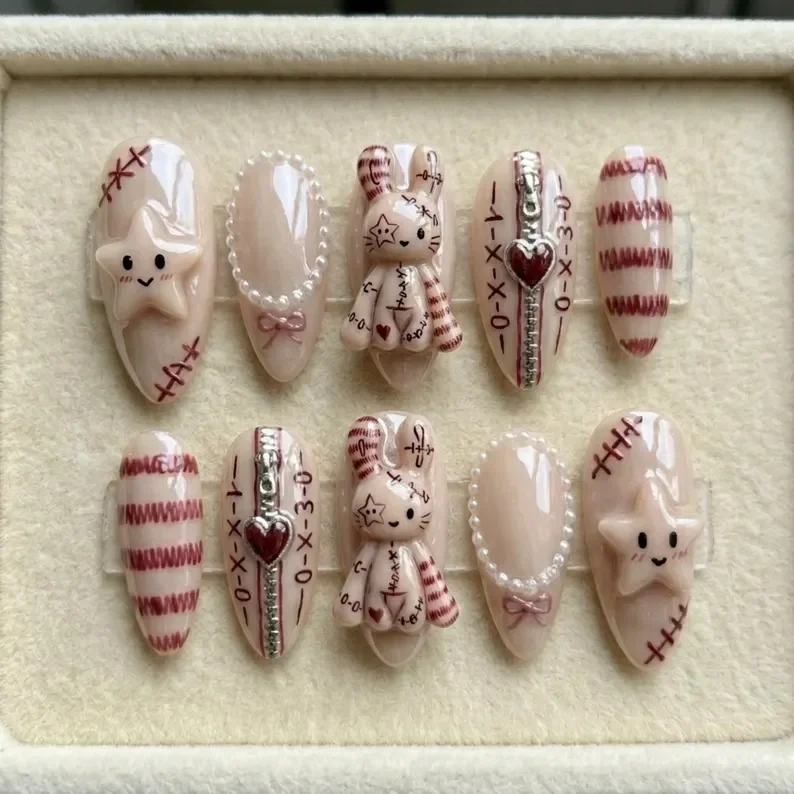 zipper heart nails, coquette art nails, press on nails, custom press on nails, fake nails, Nails Art, stained glass nails, gold press on nails, 3d press on nails, luxury press on nails, handmade press on nails
