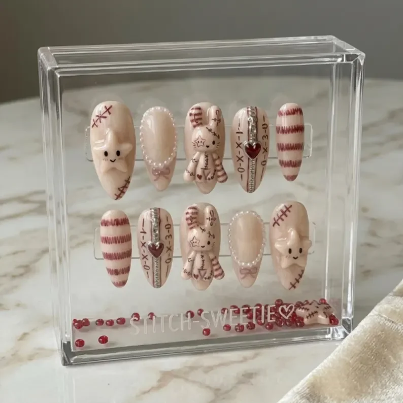 3D stitched bunny, zipper heart, press on nails, custom press on nails, fake nails, Nails Art, stained glass nails, gold press on nails, 3d press on nails, luxury press on nails, handmade press on nails