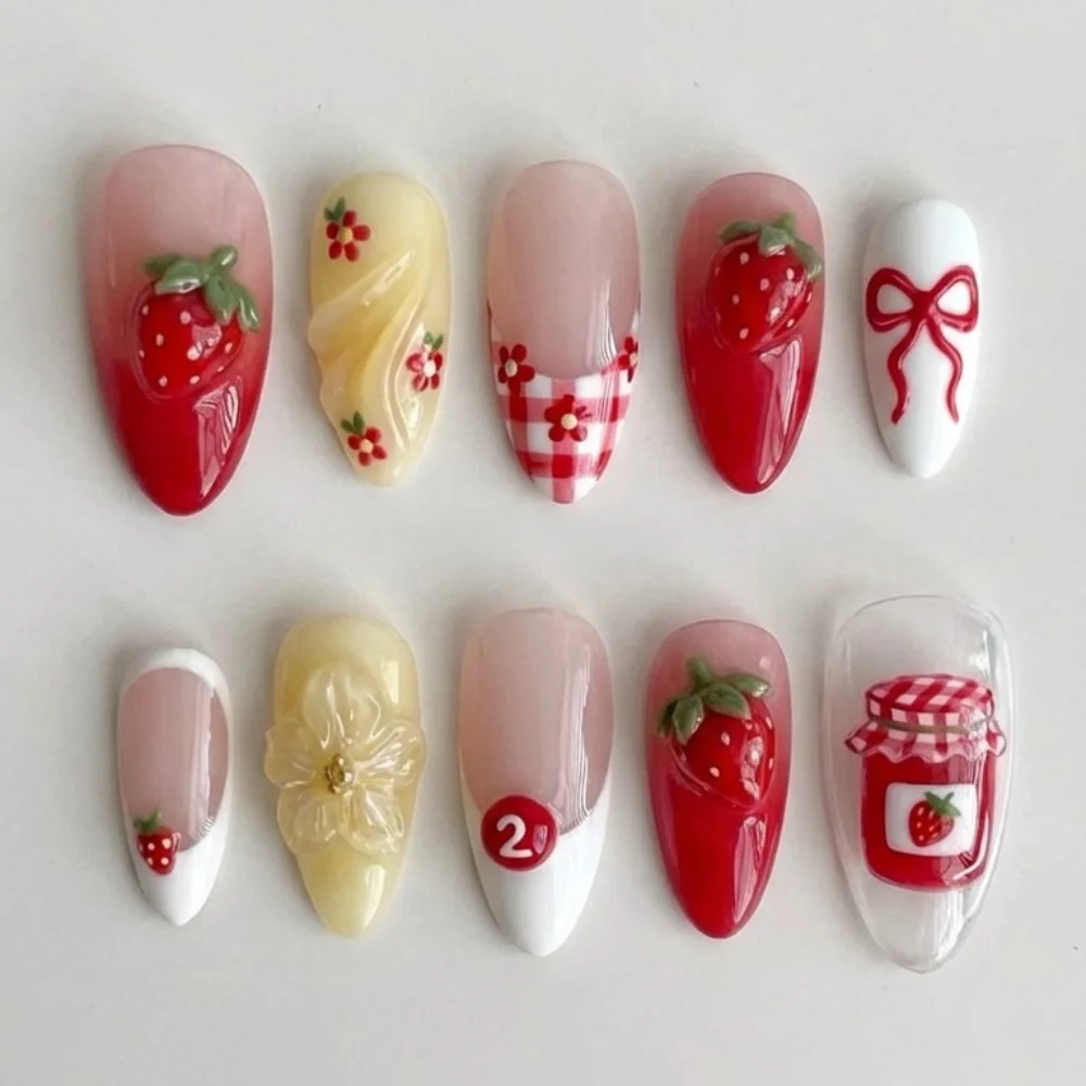 3D Strawberry Jam, Press On Nails, press on nails, custom press on nails, fake nails, Nails Art, stained glass nails, gold press on nails, 3d press on nails, luxury press on nails, handmade press on nails