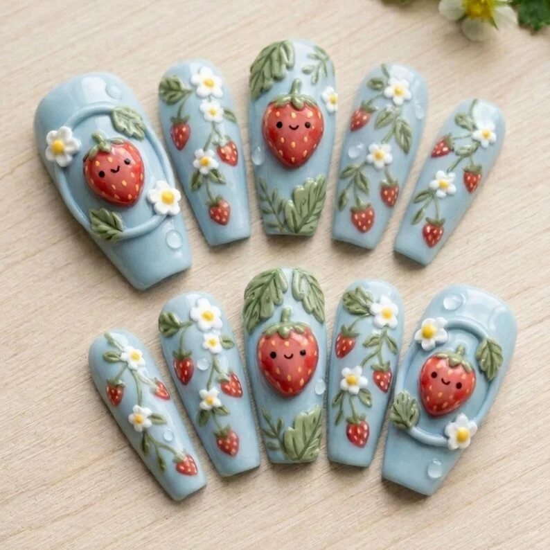 3D Strawberry Nails, Press On Nails, press on nails, custom press on nails, fake nails, Nails Art, stained glass nails, gold press on nails, 3d press on nails, luxury press on nails, handmade press on nails