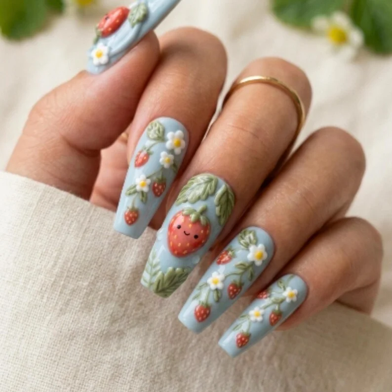 Blue Summer Nails, Fruit Blossom Nails, press on nails, custom press on nails, fake nails, Nails Art, stained glass nails, gold press on nails, 3d press on nails, luxury press on nails, handmade press on nails