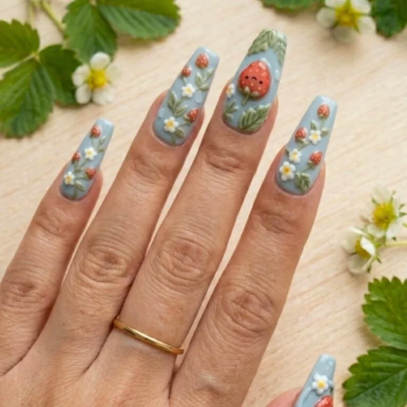 Strawberry Nail Art, Summer Nail Design, press on nails, custom press on nails, fake nails, Nails Art, stained glass nails, gold press on nails, 3d press on nails, luxury press on nails, handmade press on nails