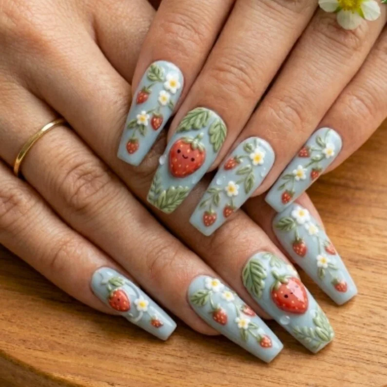 3D Nail Decor, Blue Fruit Nails, press on nails, custom press on nails, fake nails, Nails Art, stained glass nails, gold press on nails, 3d press on nails, luxury press on nails, handmade press on nails