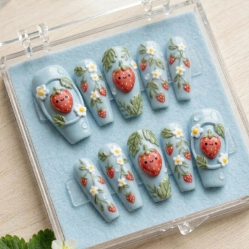 3D Strawberry Nails, Press On Nails, press on nails, custom press on nails, fake nails, Nails Art, stained glass nails, gold press on nails, 3d press on nails, luxury press on nails, handmade press on nails