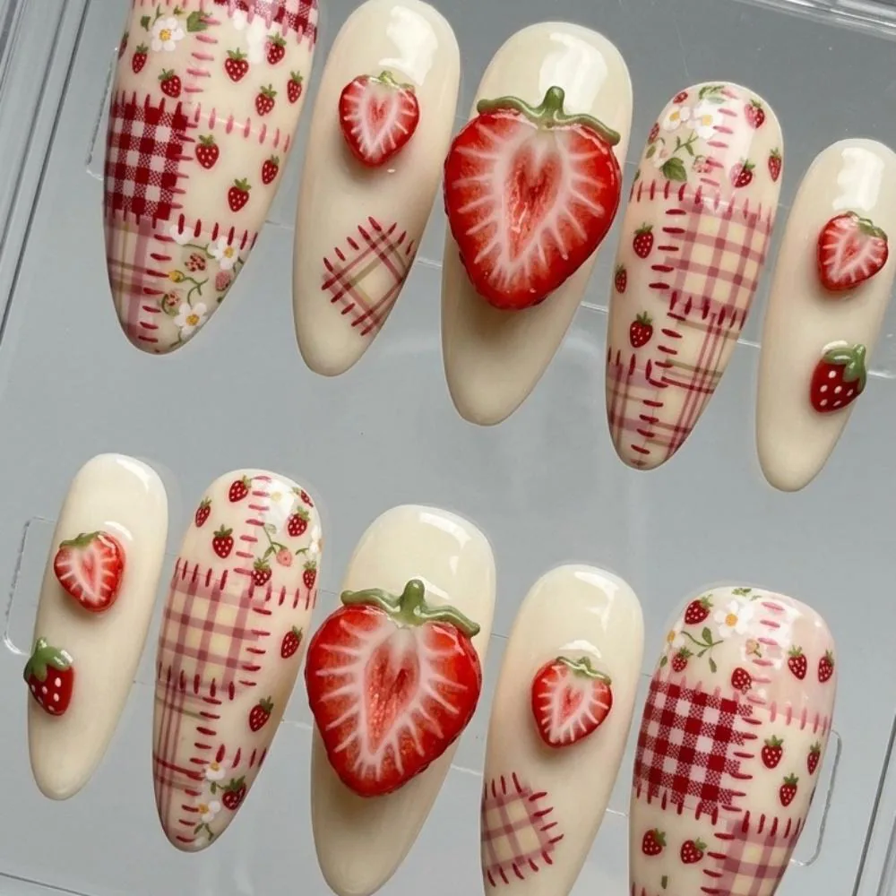 3D strawberry nails, press on nails, custom press on nails, fake nails, Nails Art, stained glass nails, gold press on nails, 3d press on nails, luxury press on nails, handmade press on nails